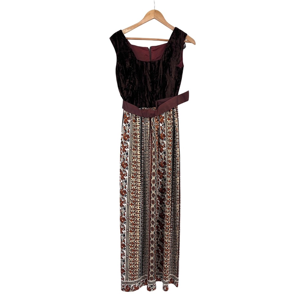 Vintage 60s 70s Velvet Boho Floral Stripe Maxi Dress Sleeveless Square